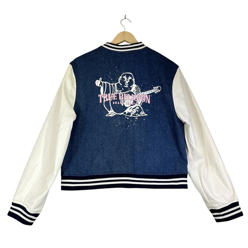 True Religion Guitar Buddha Varsity Jacket Women Large Denim White Retro Y2K NEW